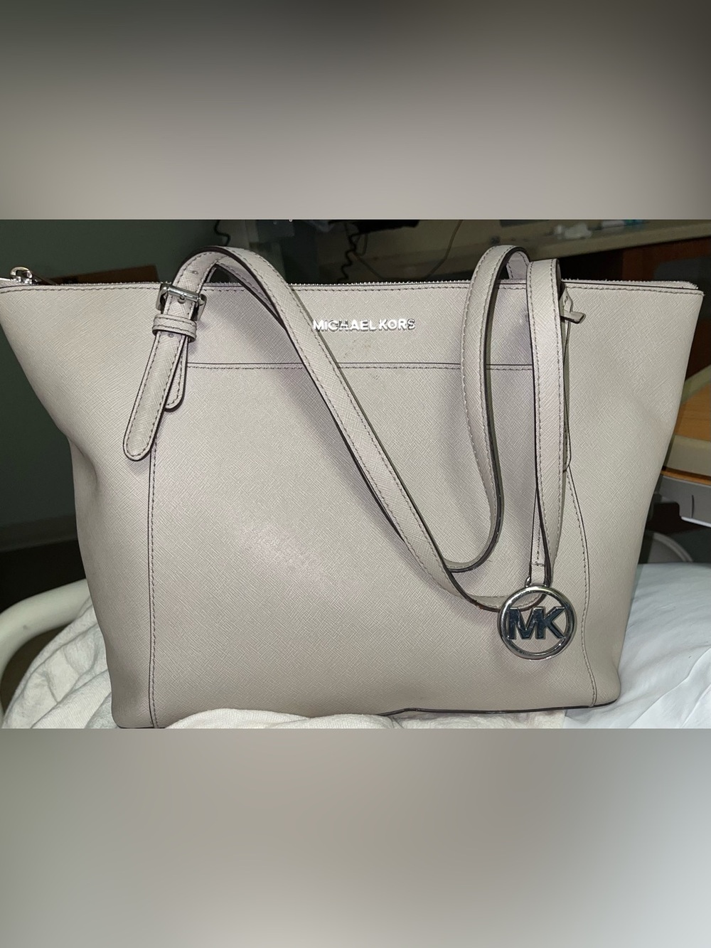 Michael Kors Taupe Leather Shoulder Tote with MK Charm